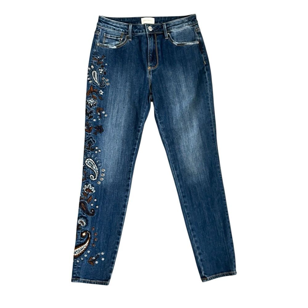 Driftwood Jackie Paisley Floral Embroidered Cropped Slim Denim Jeans, Size 27